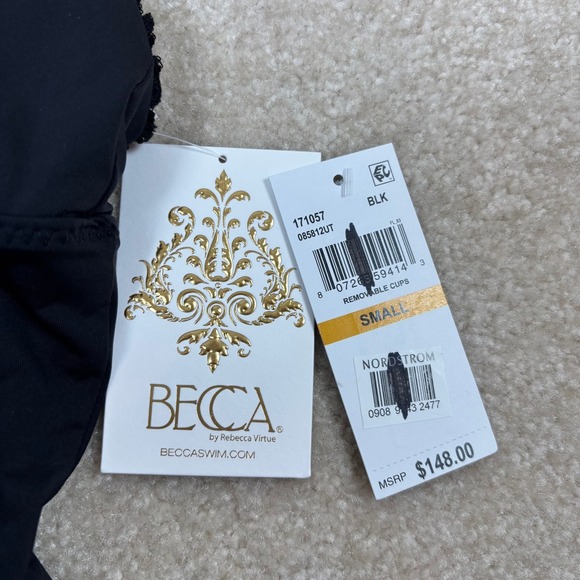 BECCA by Rebecca Virtue Frills Plunge Black Lace Trim V Neck One Piece Sz S NWT - Picture 7 of 9